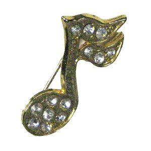 Sixteenth Note Brooch 1.3 inch Pin Jewelry Goldtone Men Women Rhinestones Music